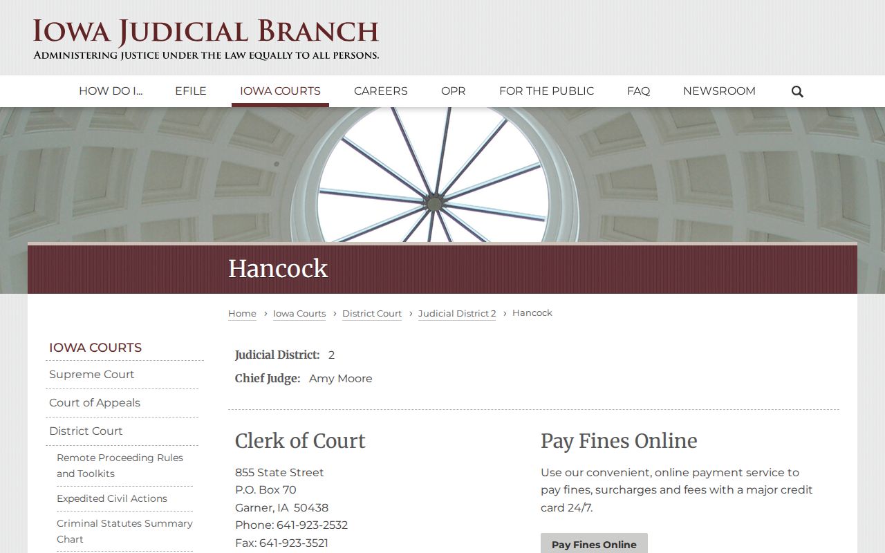 Hancock County warrant lookup Clerk of Court contact page
