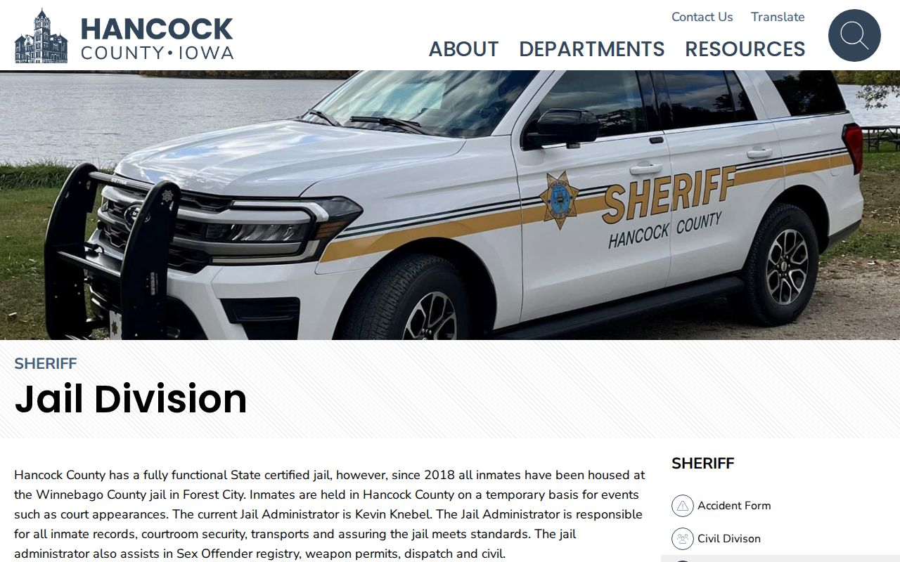 Hancock County outstanding warrant custody information from the Jail Division